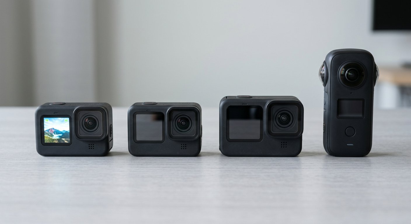 A lineup of 2026 action cameras on a light desk: two boxy GoPro-style cameras, one dual-screen DJI-style camera, and a 360 camera with two round lenses