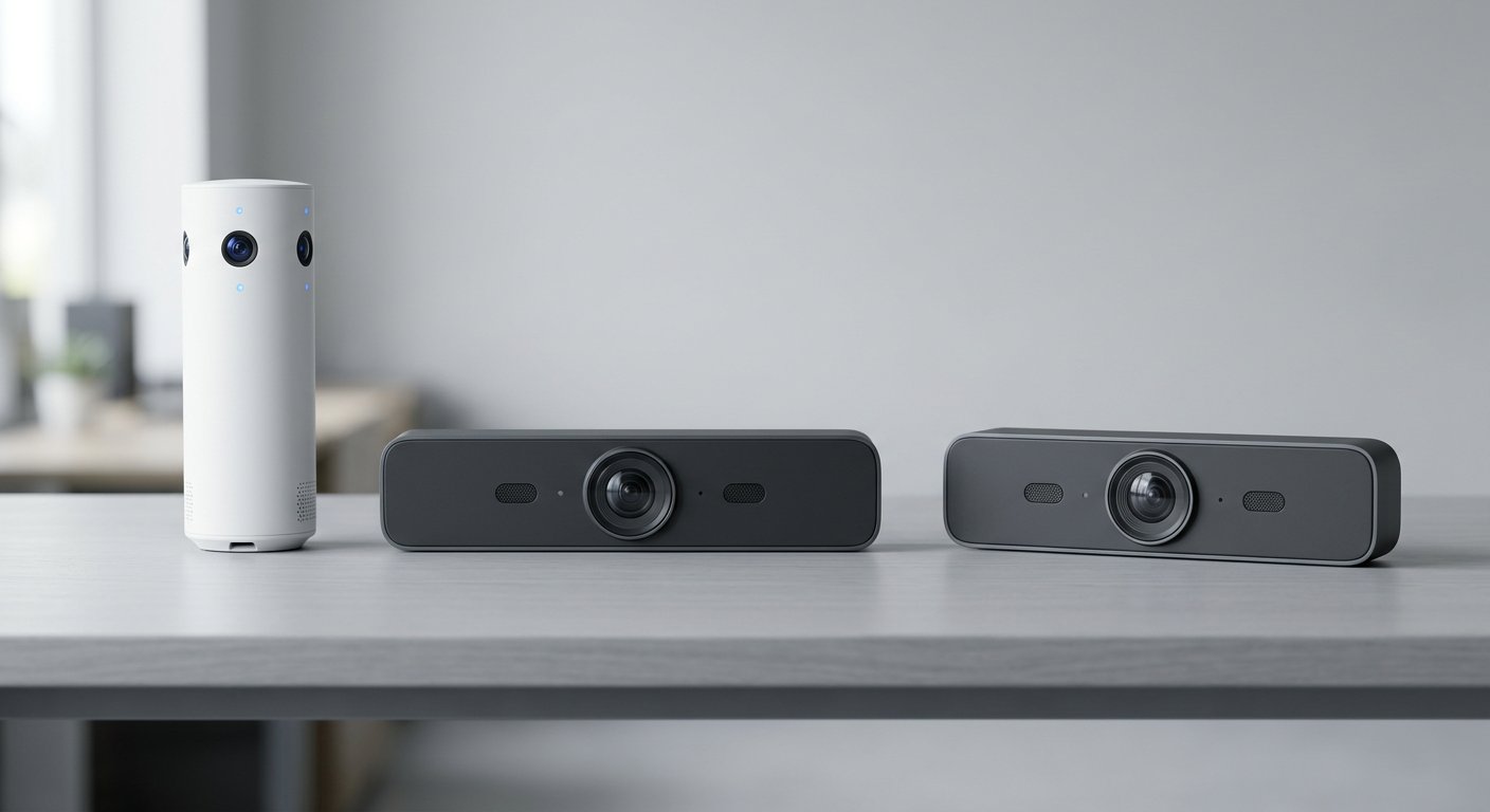 A lineup of 2026 conference cameras on a light desk: one cylindrical 360-degree unit and two bar-style units