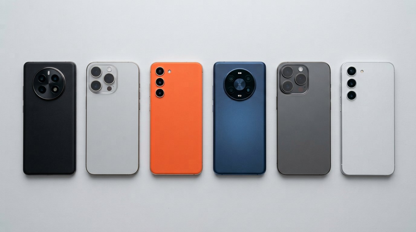 Six modern flagship smartphones in a row on a light gray surface