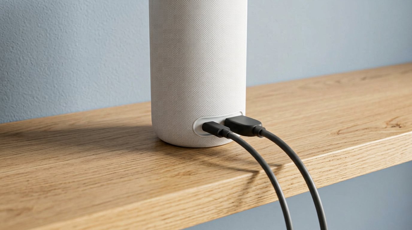 USB-C and HDMI cables at the base of a white meeting camera