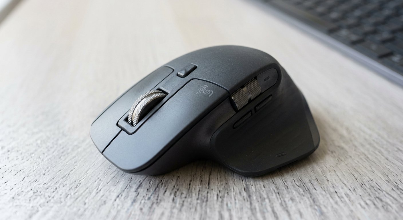 Close-up of a premium mouse's side buttons and Action Ring on a light surface, soft daylight, no text
