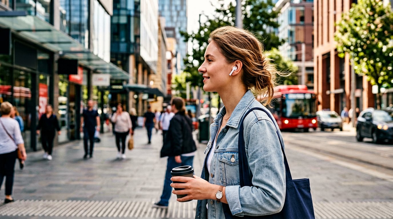Woman wearing white wireless earbuds while commuting in the city