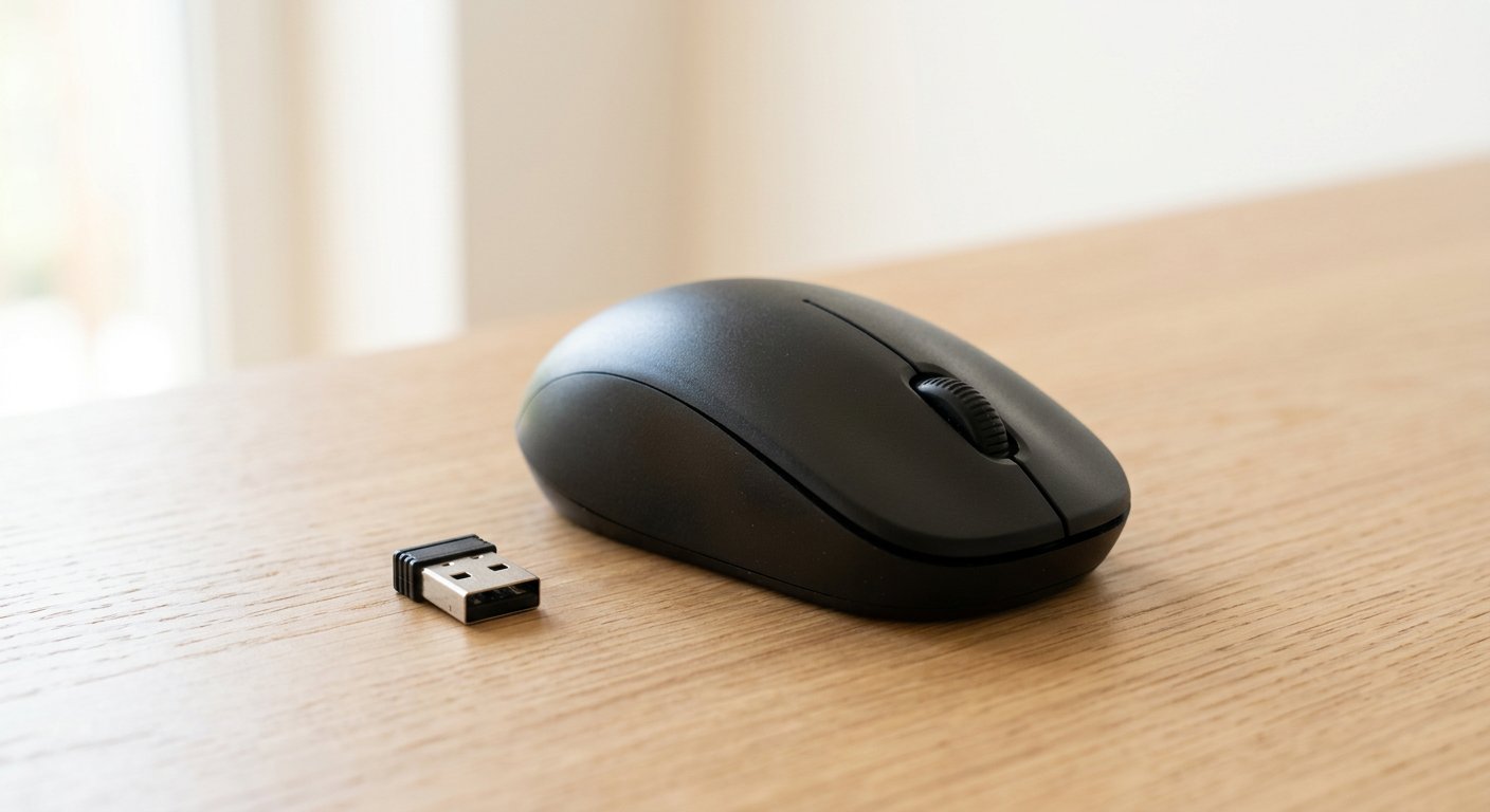 A wireless computer mouse on a light desk, no readable text or logos