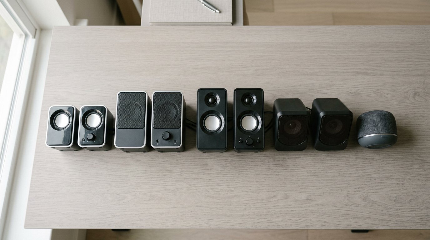 Several small desk speakers of different sizes on a light gray desk
