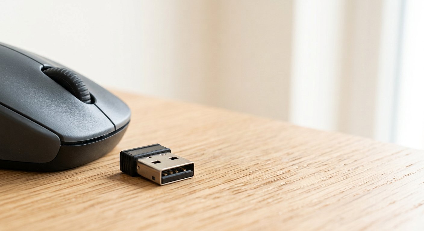 Close-up of a USB nano receiver dongle and the scroll wheel of a wireless computer mouse, no readable text, light wooden surface