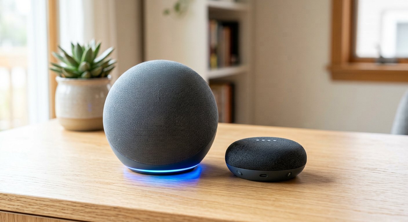 A spherical smart speaker next to a smaller puck-shaped smart speaker on a light desk, showing the size difference, soft daylight