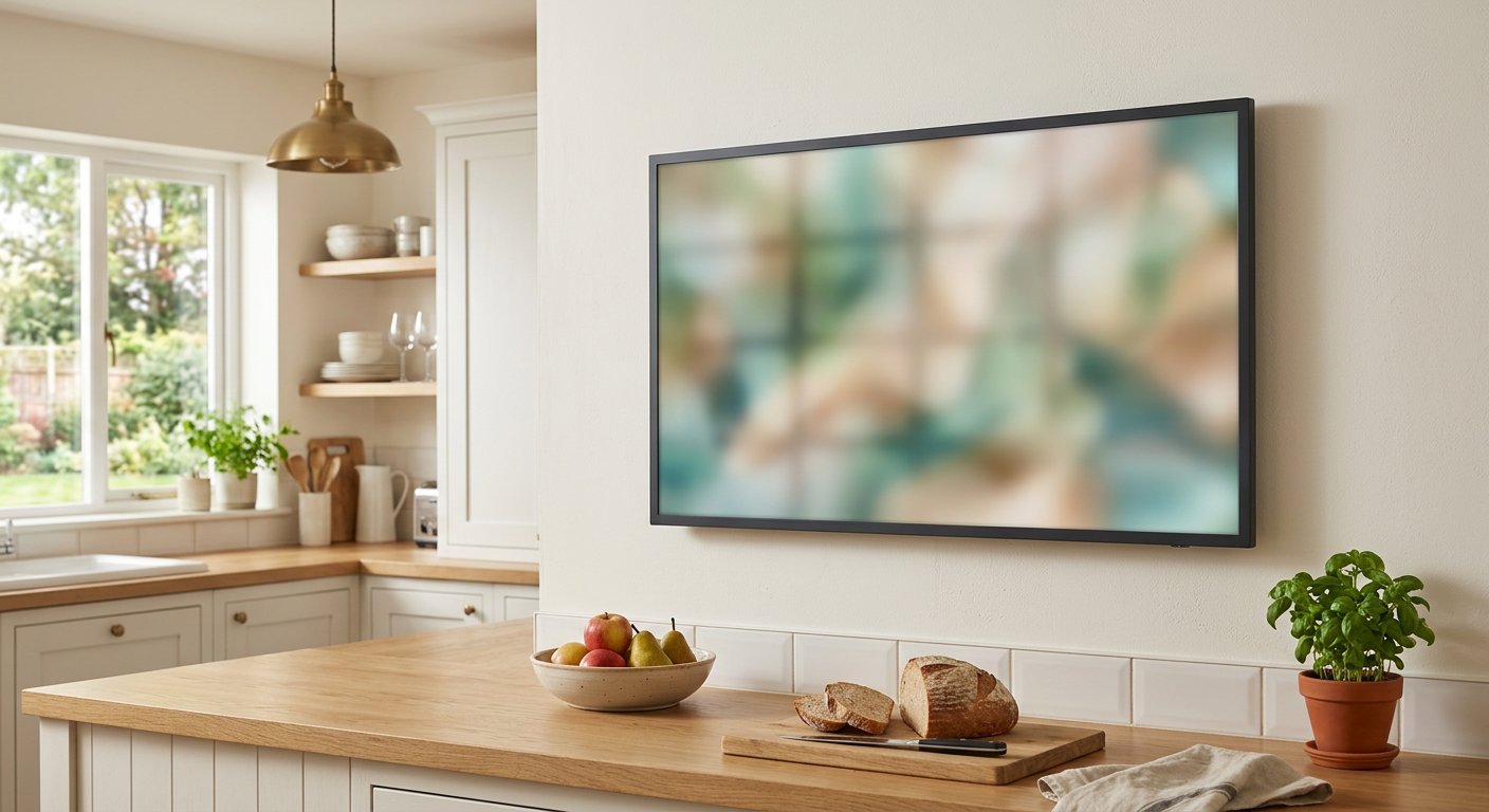 A large landscape wall-mounted smart display mounted above a wooden kitchen counter, showing a blurred calendar and recipe home screen, warm lifestyle lighting