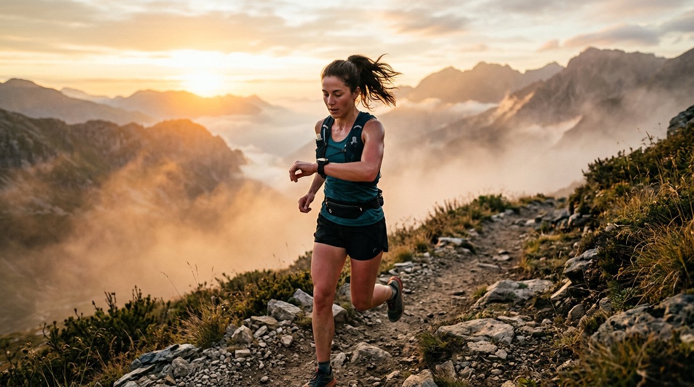 Runner checking Apple Watch Ultra on wrist at sunrise on a trail