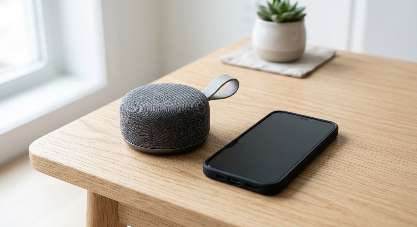 A small ultra-portable round speaker next to a smartphone on a light wooden table, showing how easily it travels, soft daylight