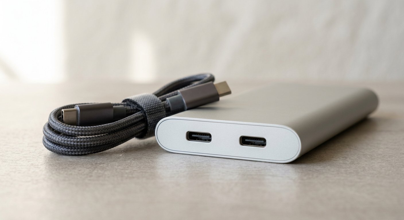 Close-up of the USB-C ports and a folded USB-C cable on a modern slim power bank, no readable text, light background