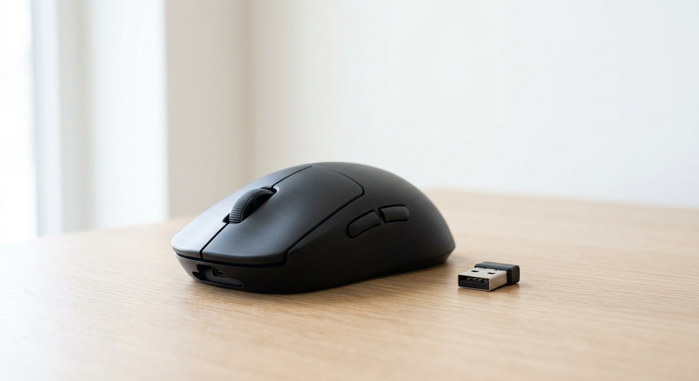 A wireless gaming mouse with a USB receiver on a light desk, no readable text or logos