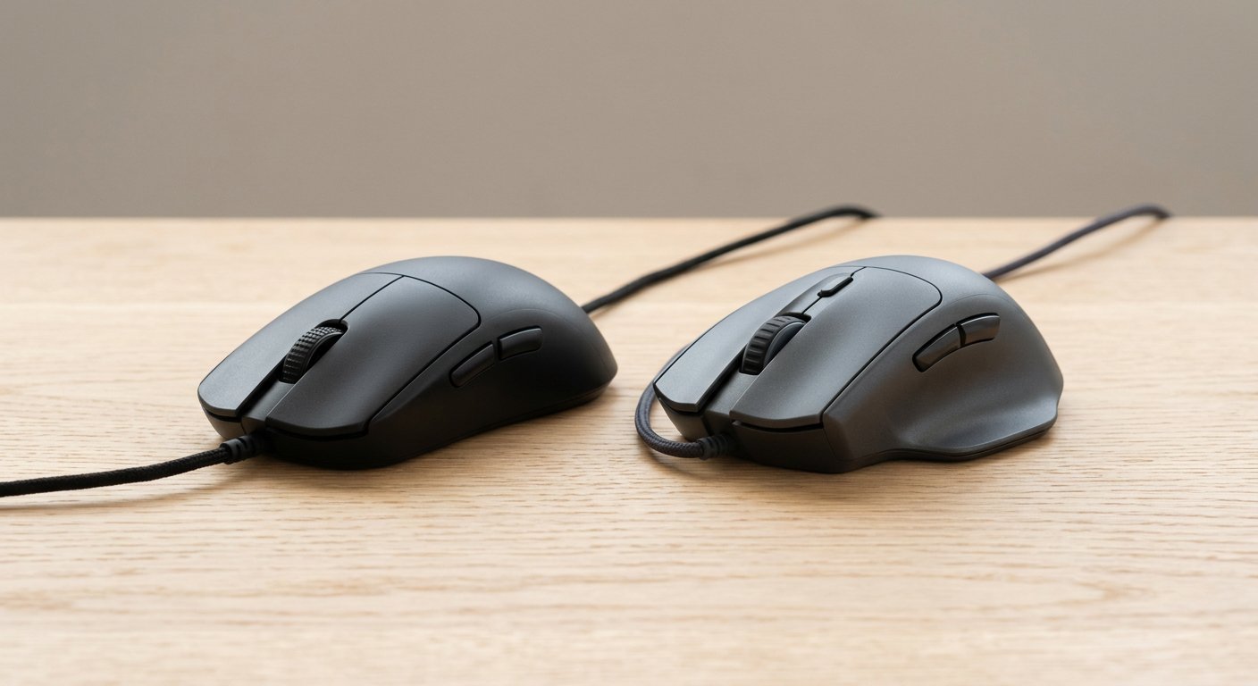 Two compact budget gaming mice side by side on a light wood desk