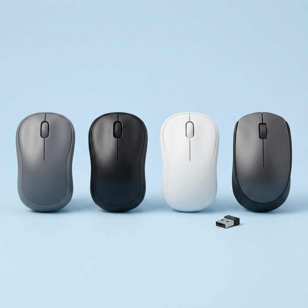 Logitech M185, M170, Amazon Basics and M220 Silent wireless mice lined up on a light blue background