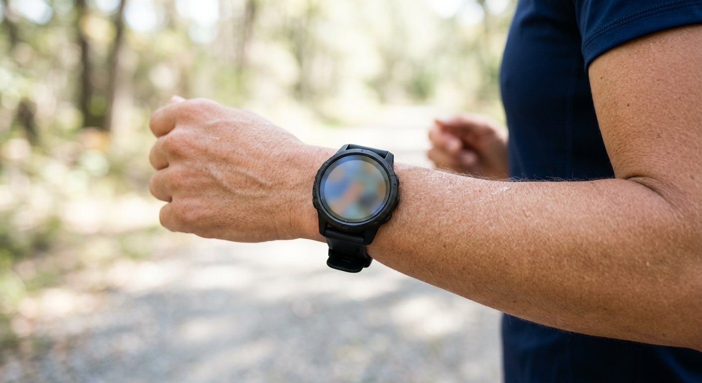 A close-up of a fitness smartwatch on a person's wrist during an outdoor run, no readable text or logos