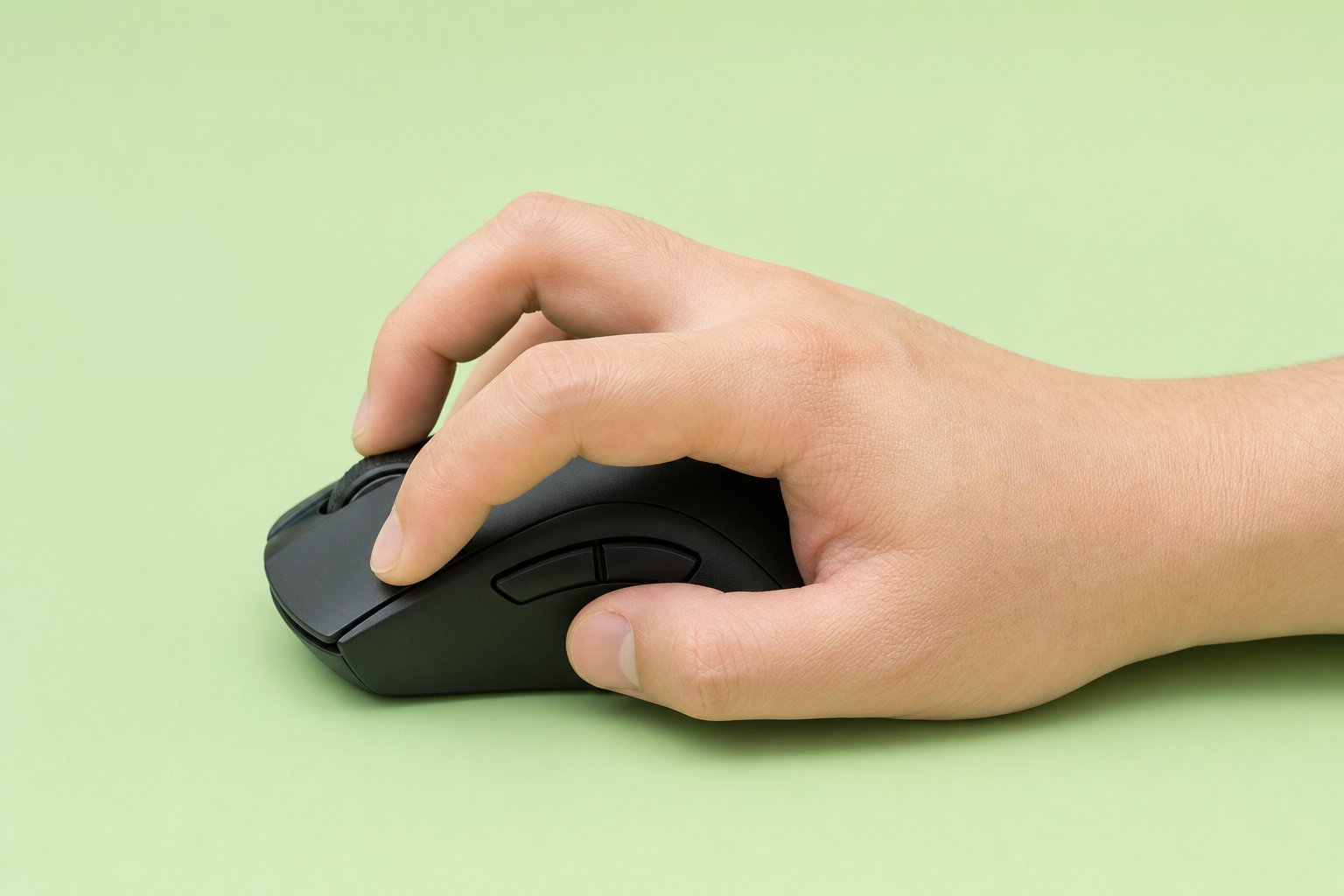 A hand in claw grip position on a gaming mouse on a light green background