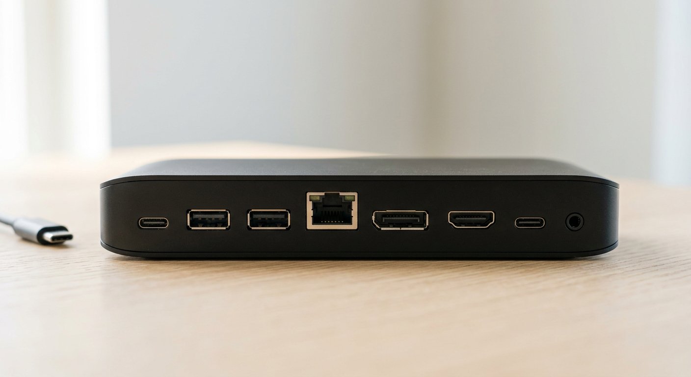Close-up of the rear ports and connectors of a modern black USB-C docking station, no readable text or logos