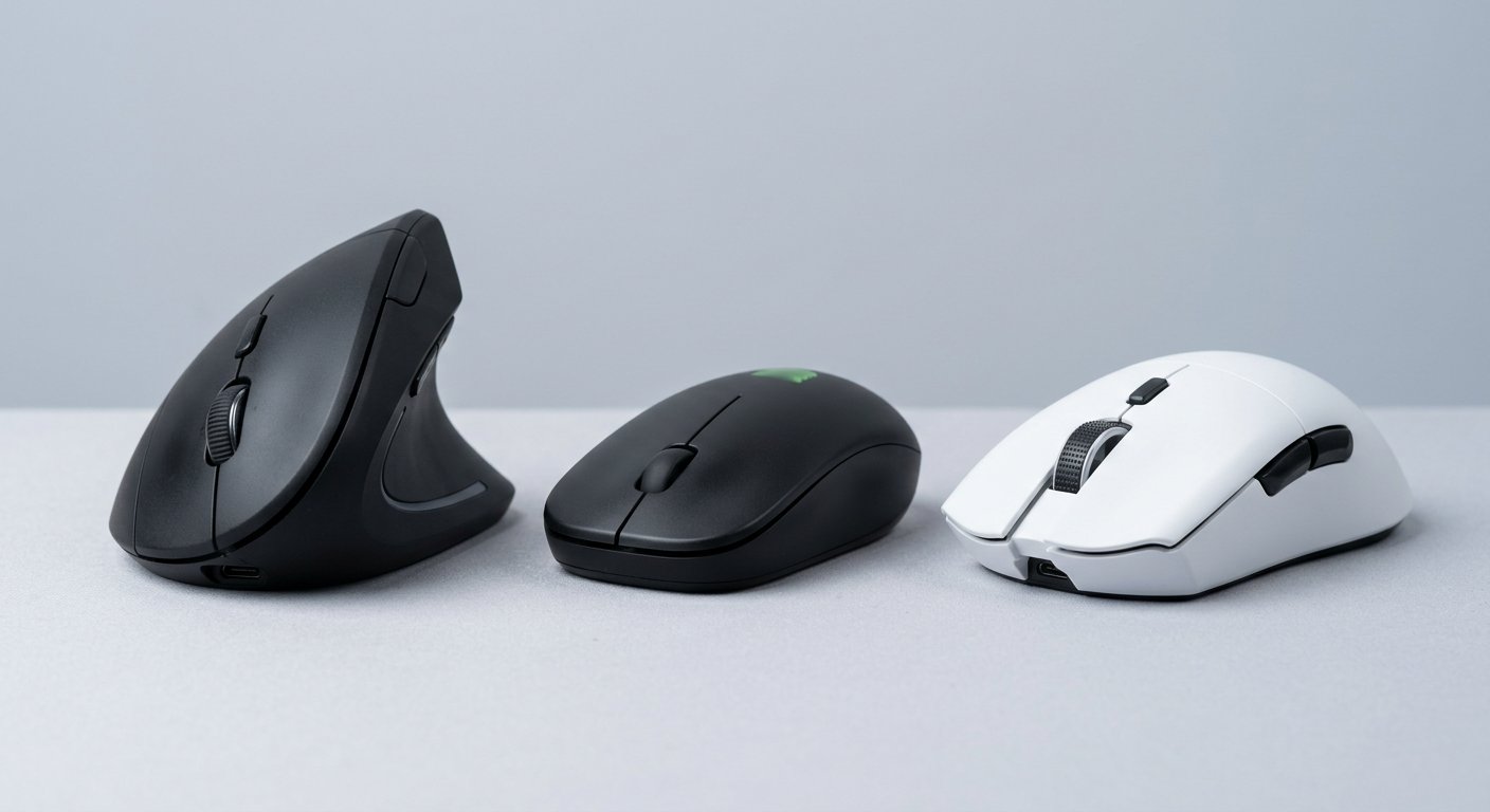 Three design mice on a light gray surface: a vertical ergonomic, a low-profile productivity mouse, and a white gaming mouse