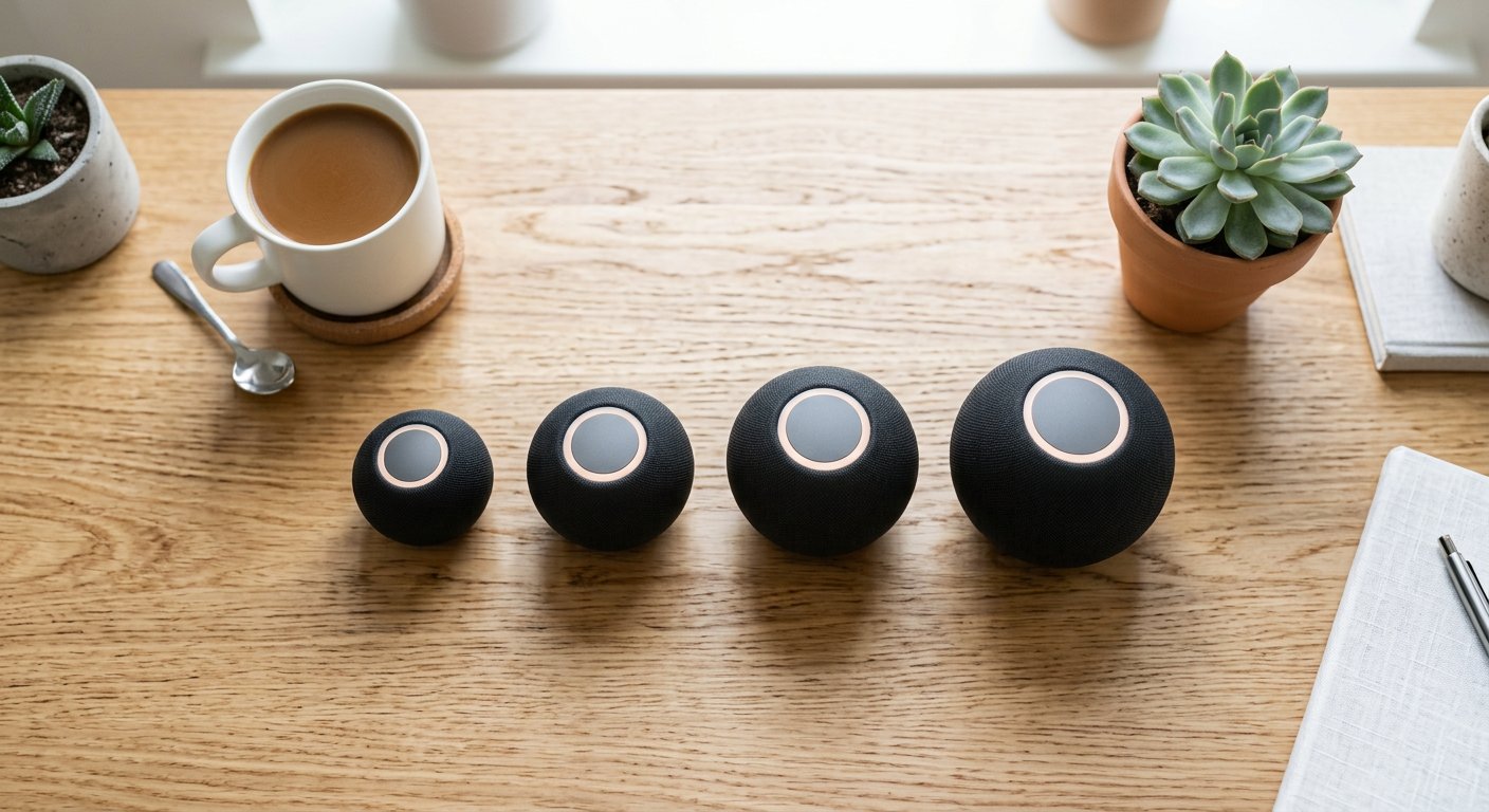 A small round smart speaker on a bedside table next to a book and a mug