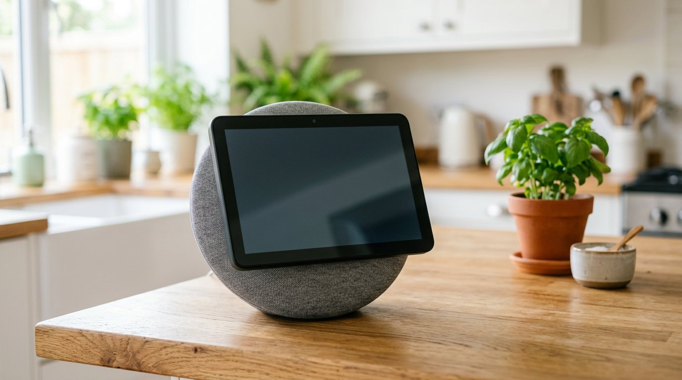 A landscape smart display on a round speaker base angled toward the viewer on a light kitchen counter, soft daylight