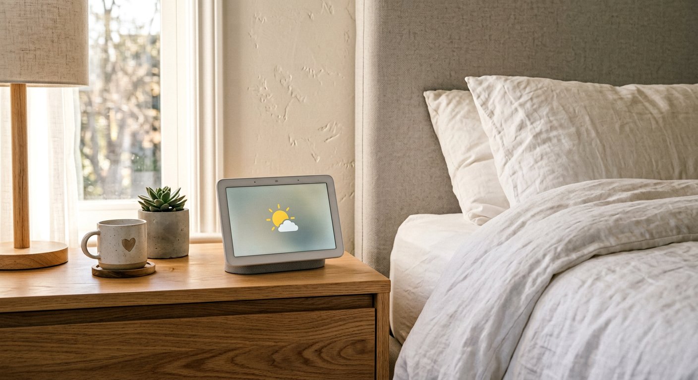 A small smart display on a light wooden nightstand beside a white bed, screen showing clock and weather glyphs, soft morning light