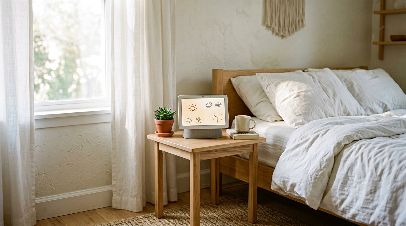A compact smart display on a light wooden nightstand beside a bed, screen showing a soft dashboard, bright morning light