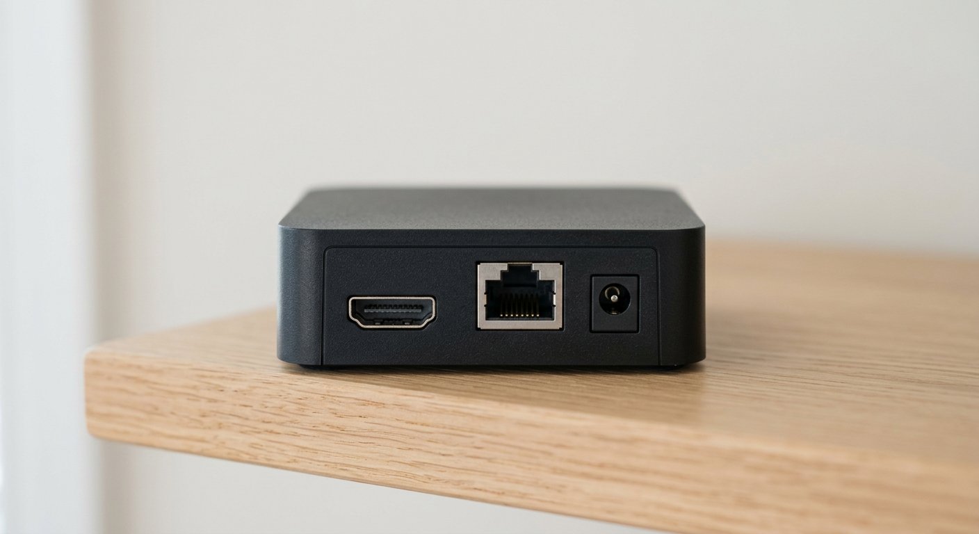 A close-up of a black streaming box's rear ports on a light shelf, soft daylight