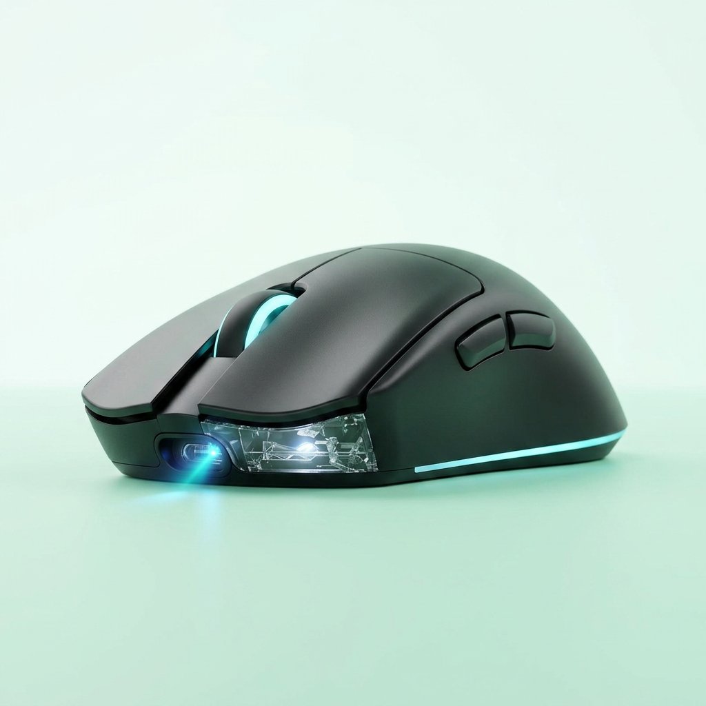 A gaming mouse with RGB lighting on a light green background