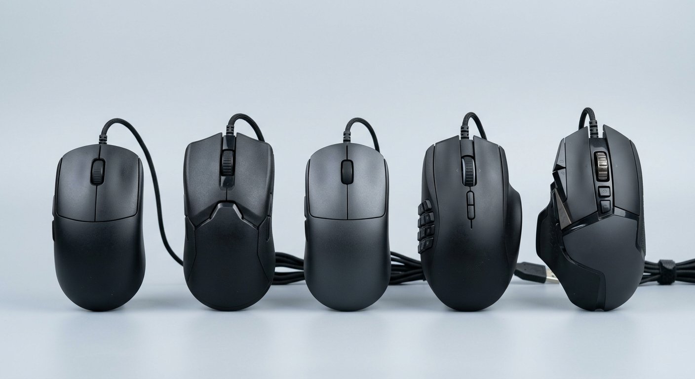Gaming mice lined up on a light gray surface: budget, ergonomic, lightweight, MMO, and hybrid