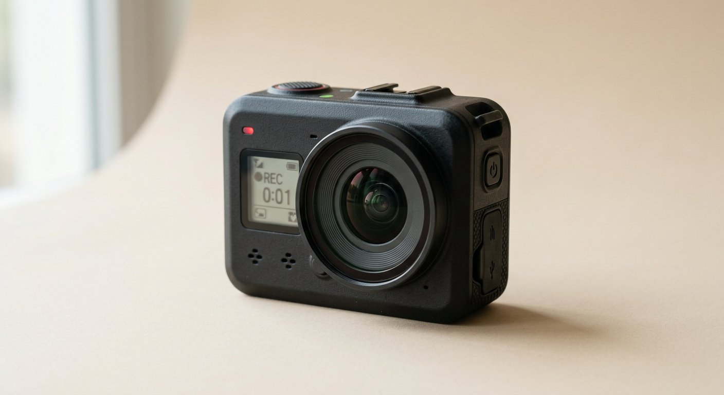 Close-up of a single boxy black action camera with a round lens on a light beige studio background, three-quarter angle, soft daylight