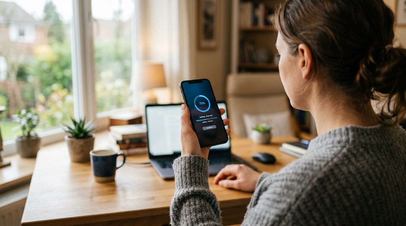 Person holding phone showing software update progress at home