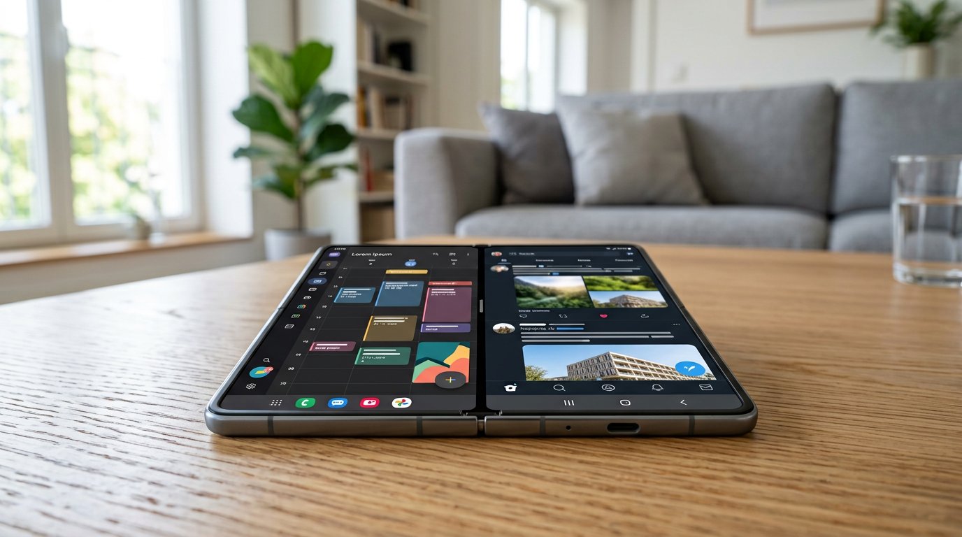 Open foldable phone showing split-screen multitasking with visible hinge