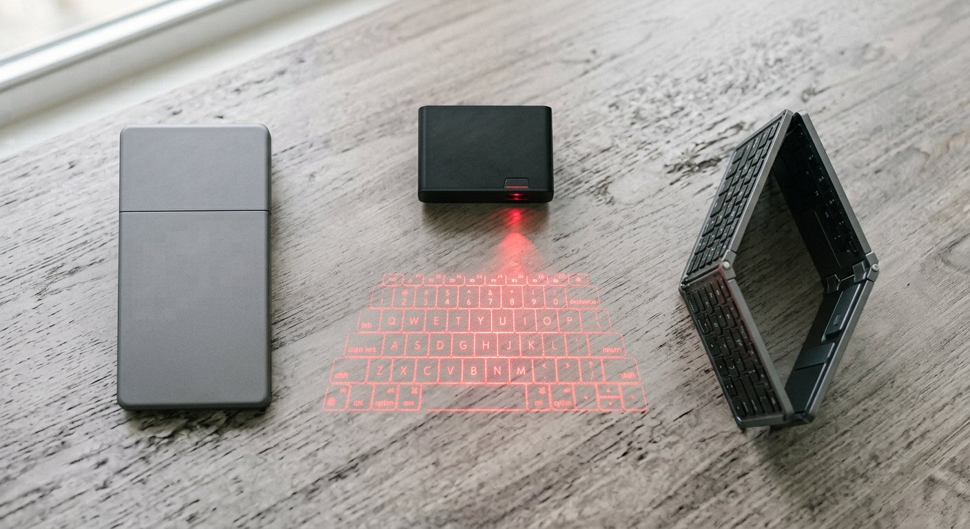 A laser projection keyboard and two foldable bluetooth keyboards on a light gray desk