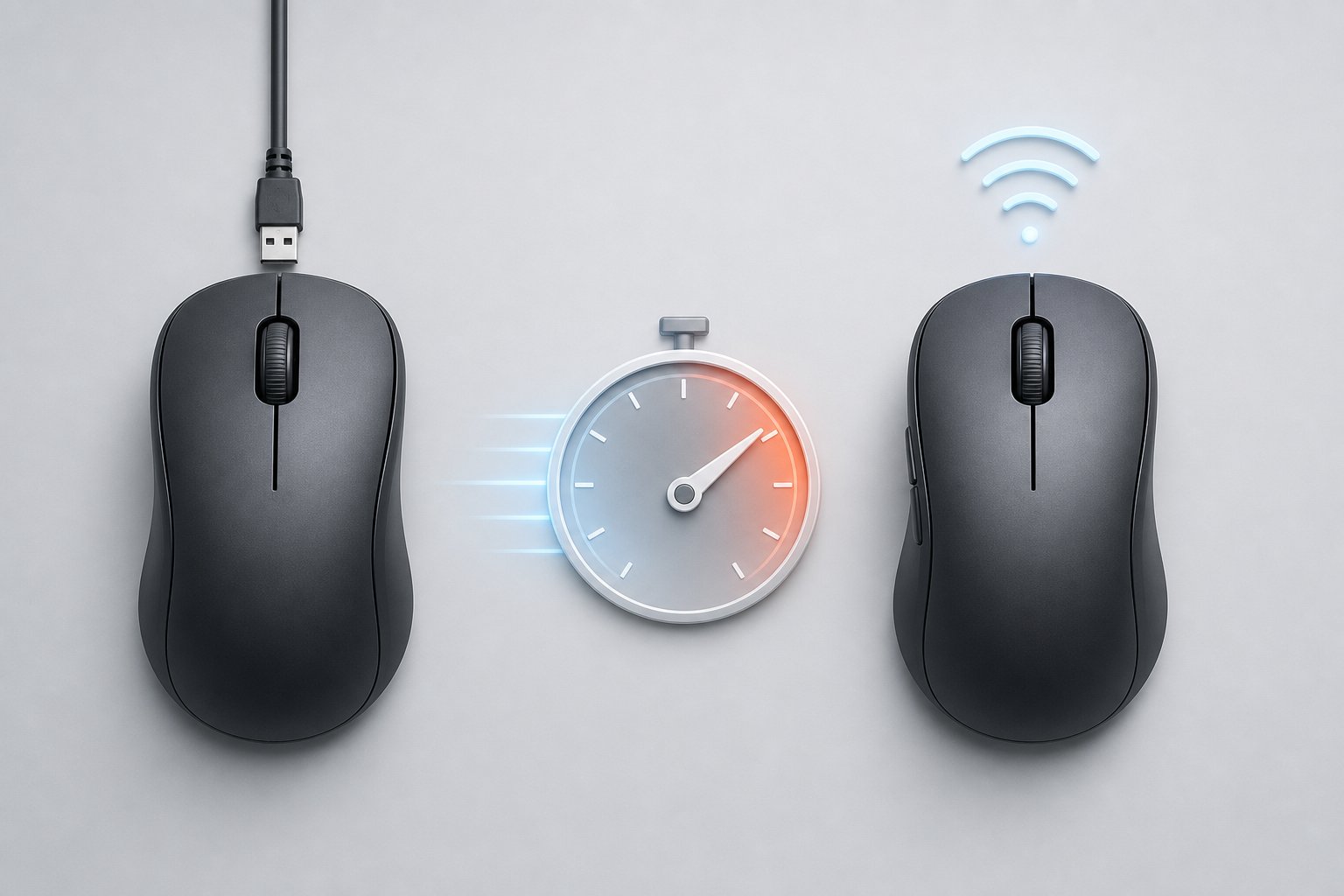 A visual comparison of wired and wireless mouse latency on a light gray background