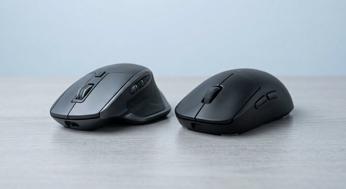 A left-handed ergonomic mouse and a symmetrical ambidextrous mouse side by side on a light desk