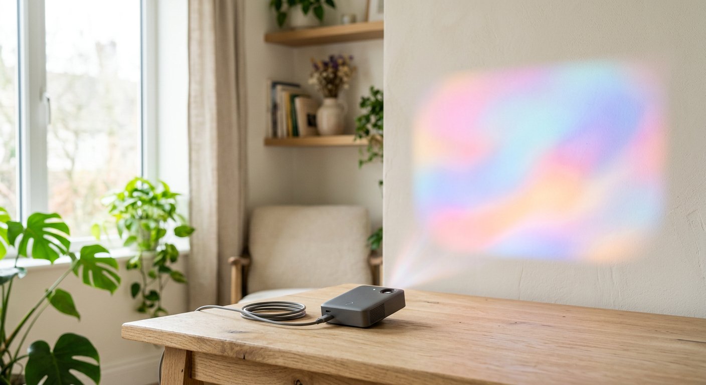 A tiny pocket pico projector casting a soft abstract colorful beam onto a light wall in a bright room, no readable text or logos