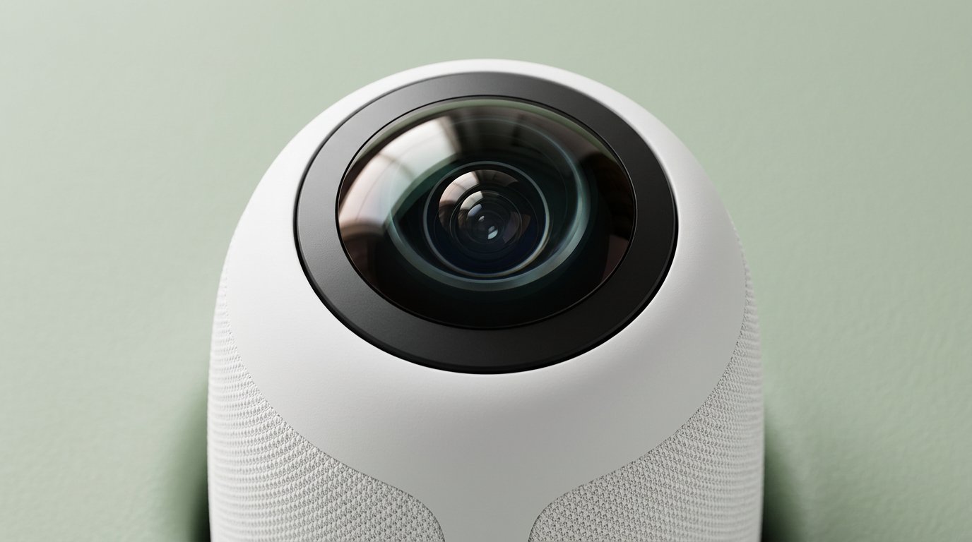 Close-up of the fisheye camera on a white Meeting Owl