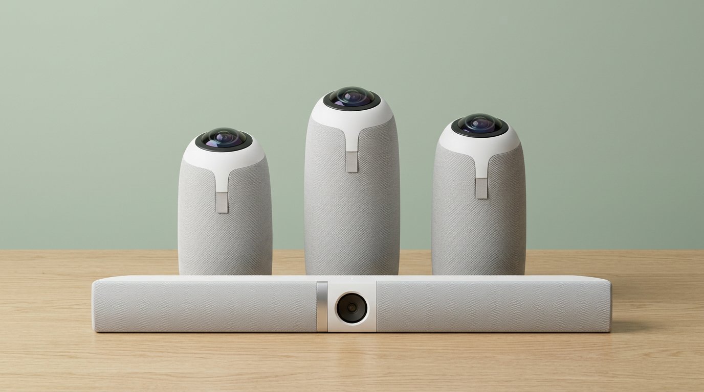 Three 360 meeting cameras and one front-of-room conference bar on a light desk