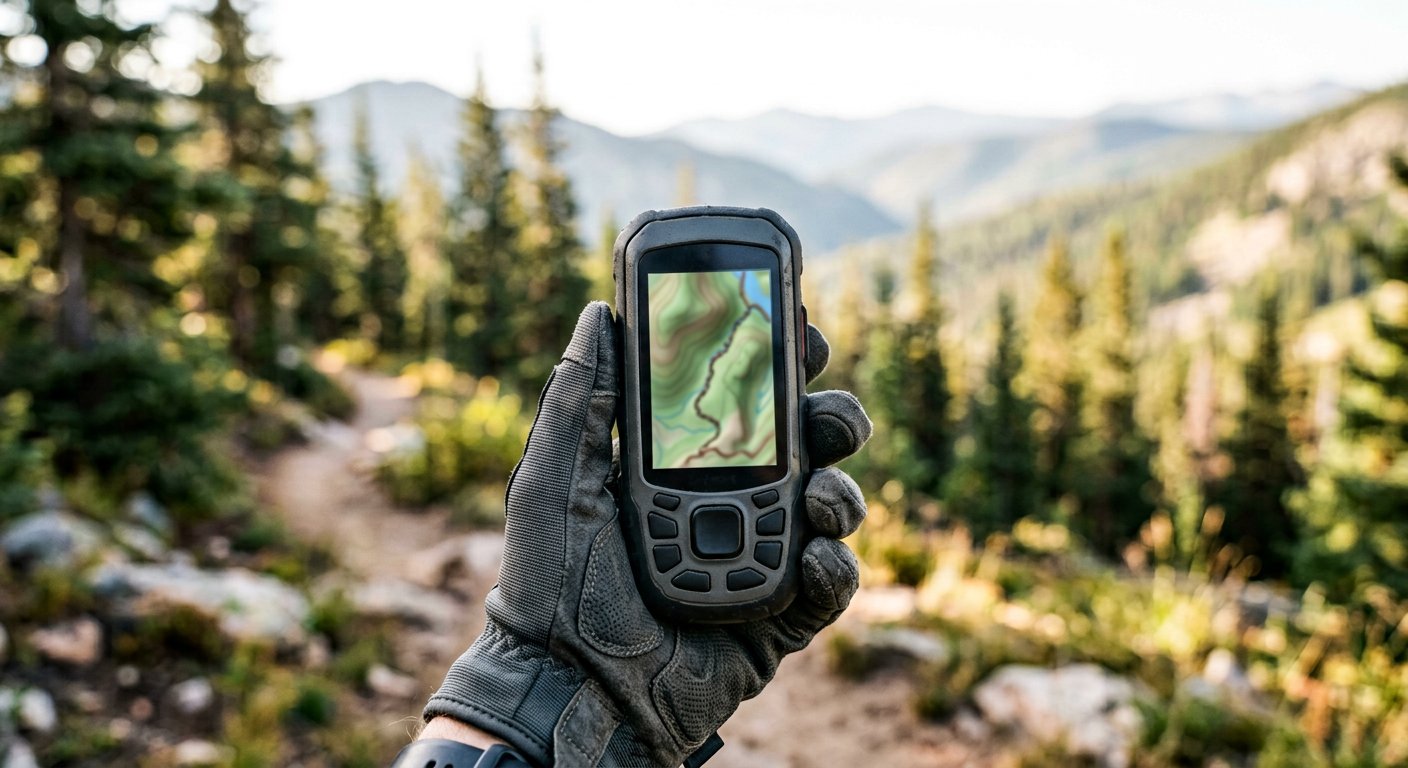 A gloved hand holding a rugged handheld GPS outdoors on a mountain trail, screen showing an abstract blurred topo map, no readable text
