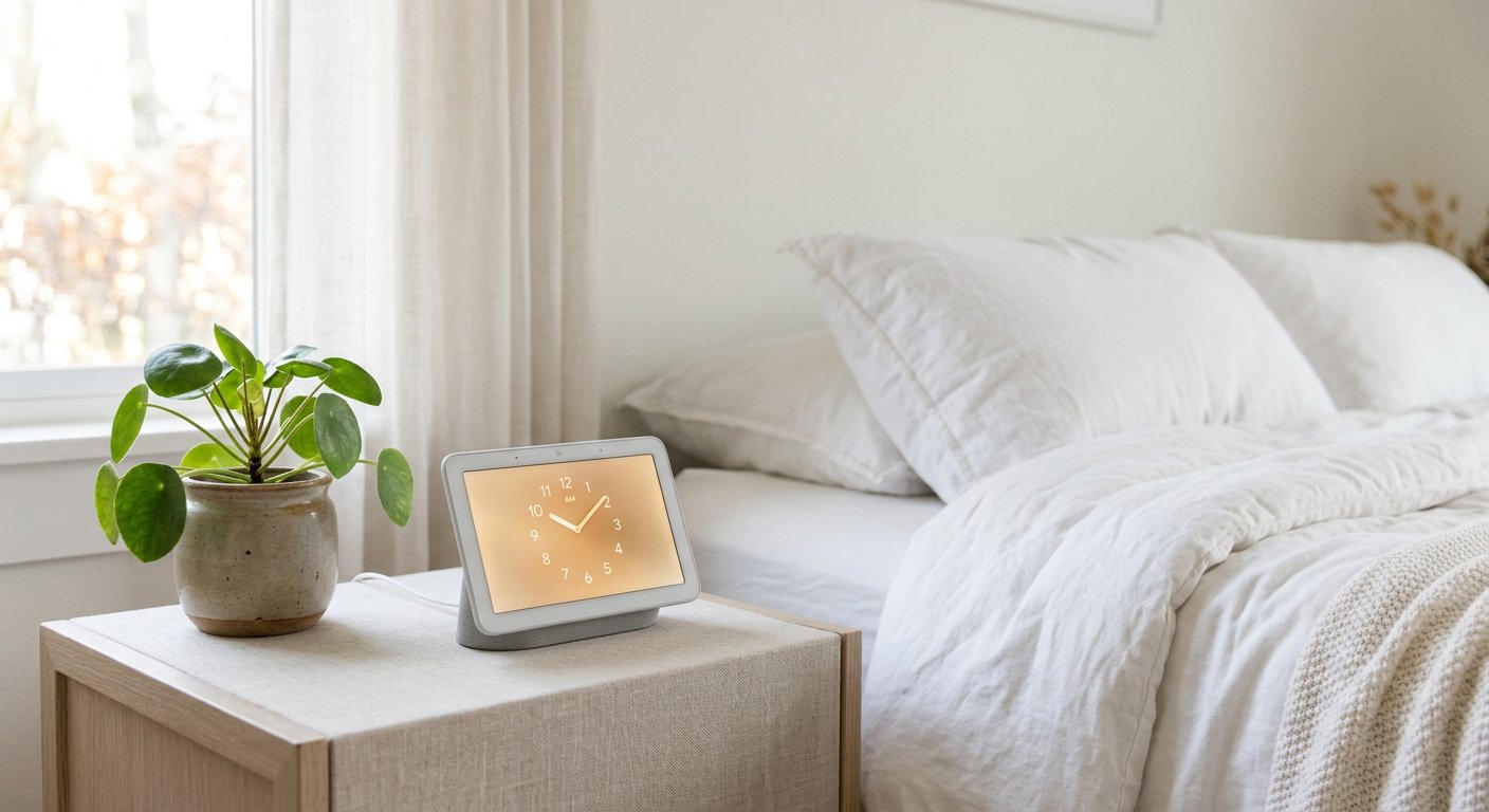 A small 7-inch touchscreen smart speaker on a light fabric nightstand beside a bed, screen glowing with a soft warm clock display, a small potted plant nearby, bright airy room, soft daylight