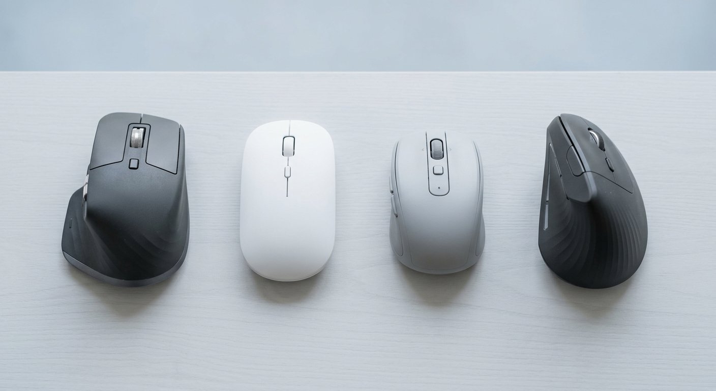Four wireless office mice side by side: full-size ergonomic, white compact, gray standard, and vertical