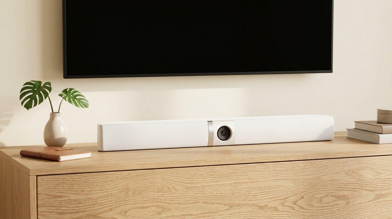 White video conferencing bar on a light oak credenza