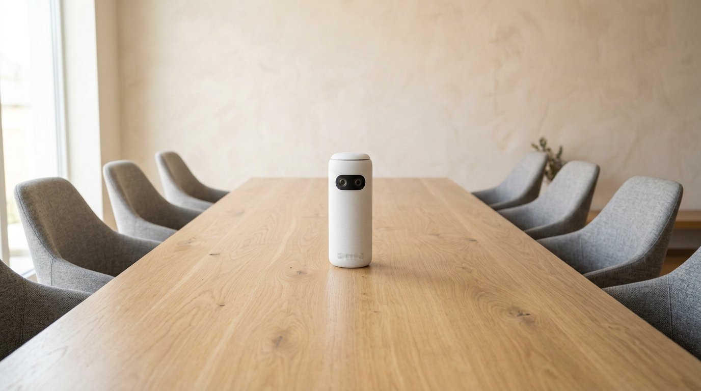 White 360 meeting camera in the center of an empty conference table