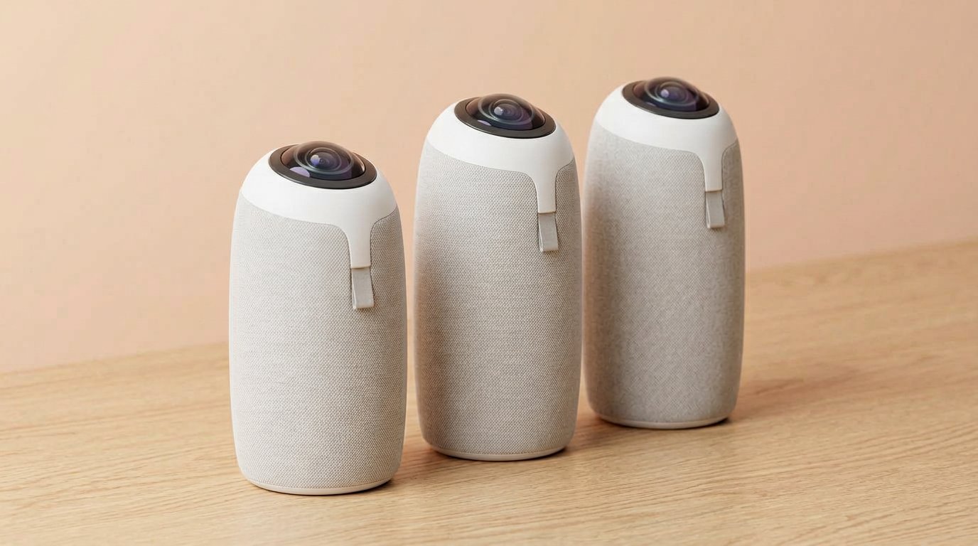 Three 360 meeting camera towers on light wood