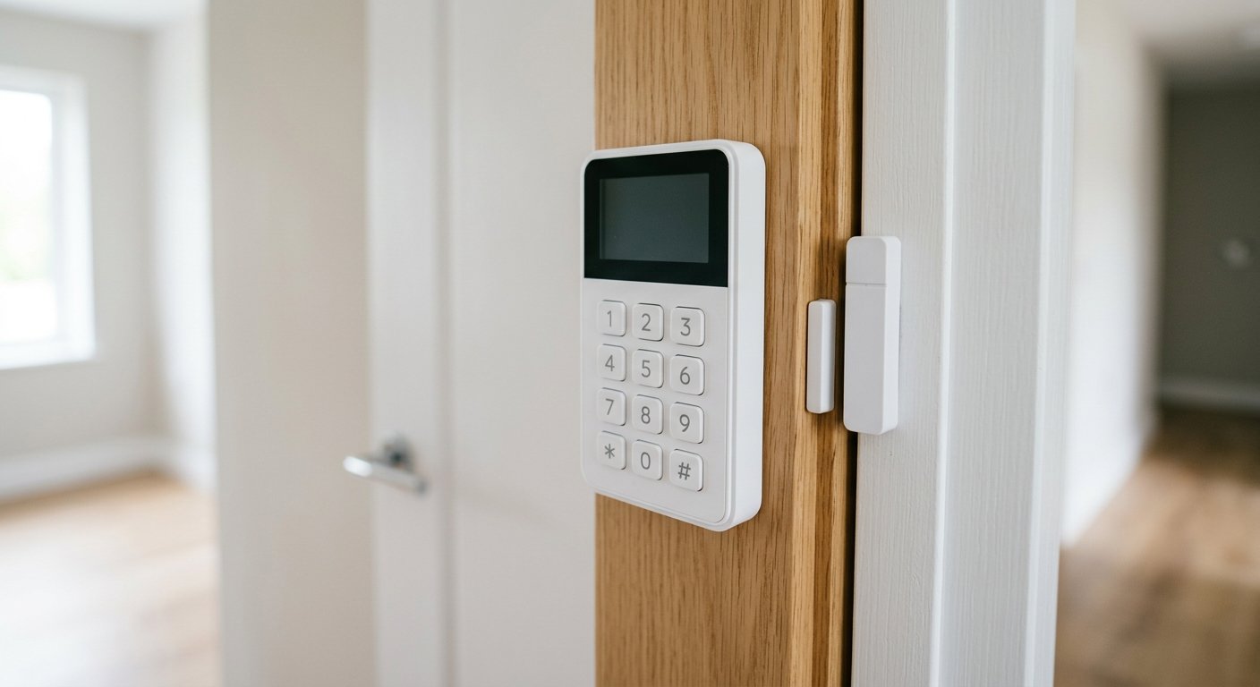 A white smart security keypad on a light oak door frame next to a small white contact sensor, bright modern interior, soft daylight