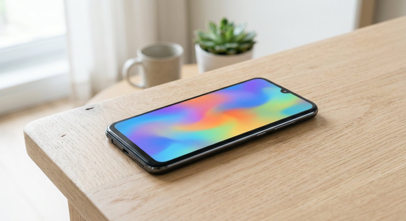 A mid-range Android smartphone face-up on a light surface, screen showing a blurred abstract lock screen with no readable text, soft daylight