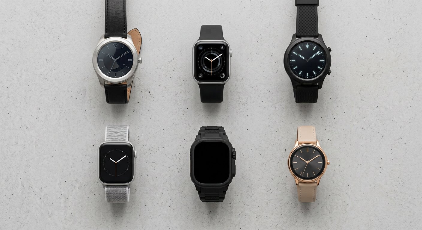 Six modern smartwatches of different styles lined up on a light gray surface