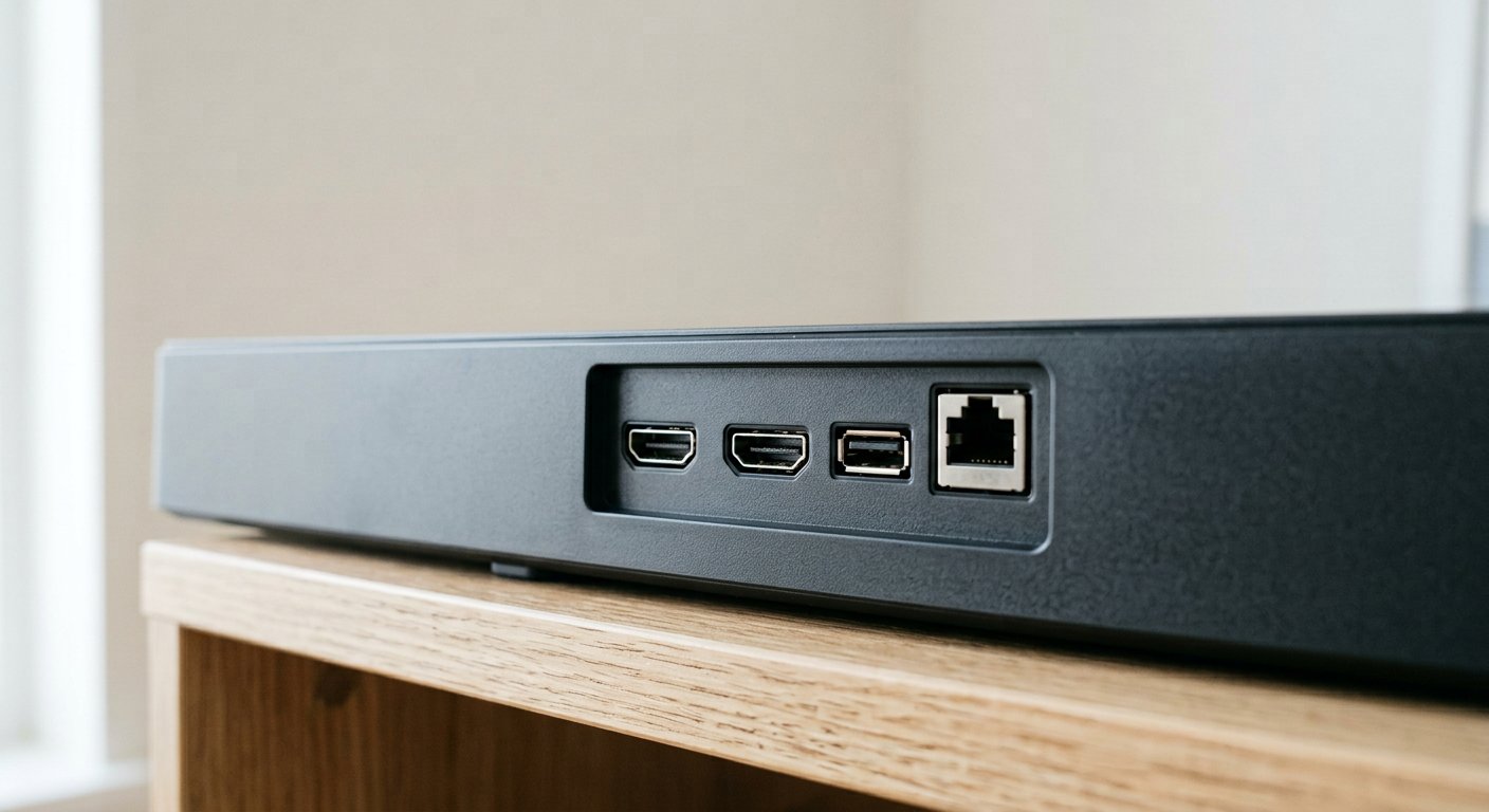 A close-up of a slim TV's rear ports and inputs on a light shelf, soft daylight