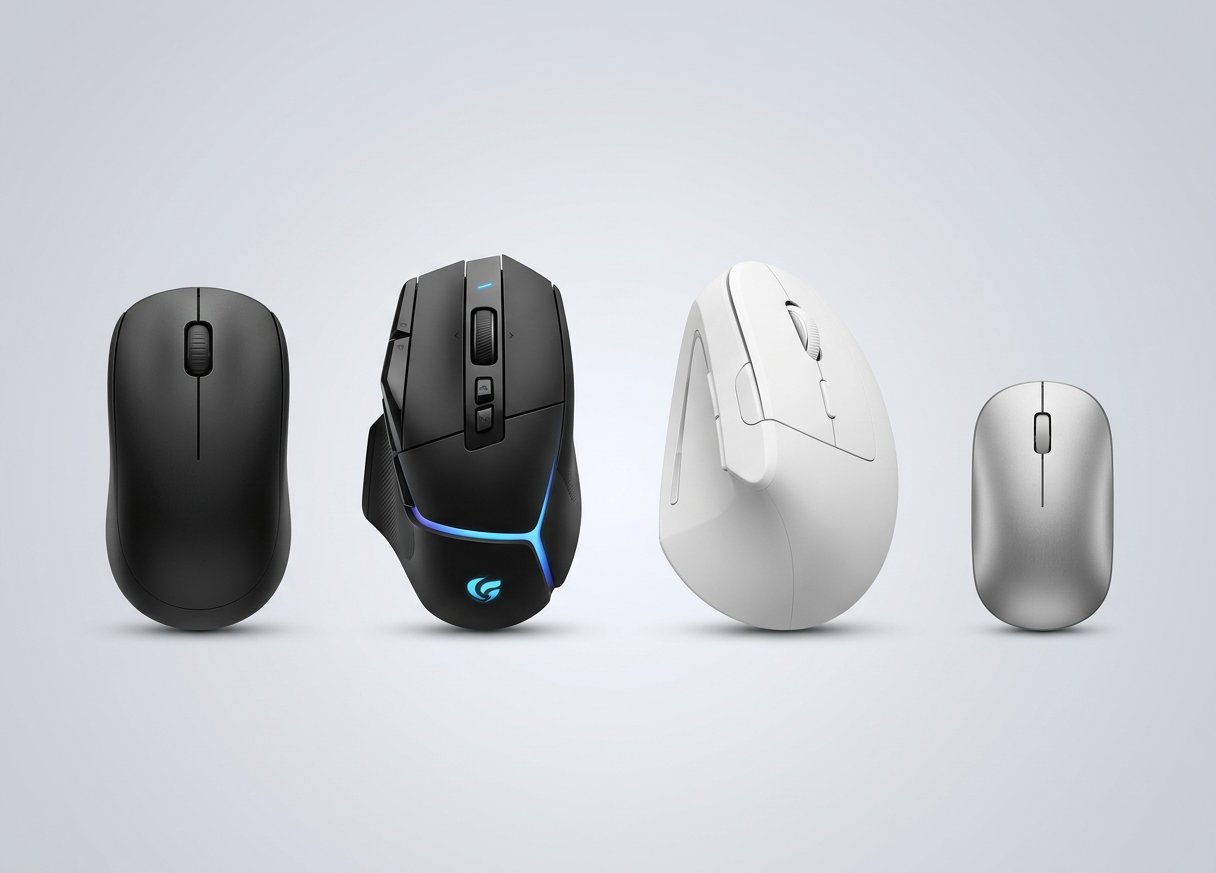 Four different computer mouse types side by side on a light gray background