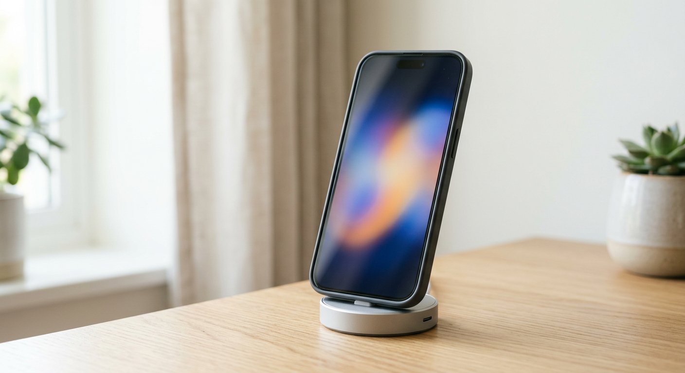 A magnetic Qi2 wireless charger holding a smartphone upright on a light desk, no readable text or logos