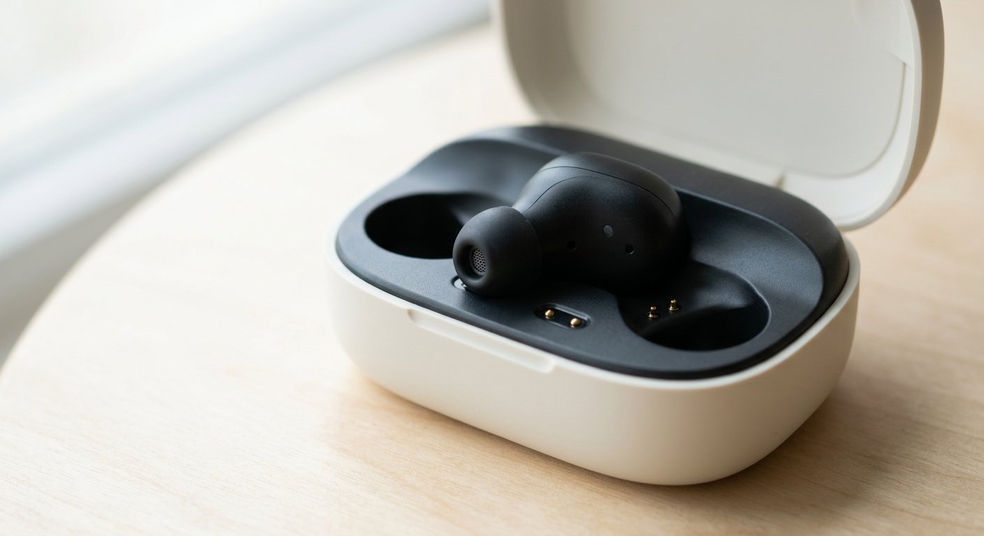 A close-up of a single true-wireless earbud resting in the charging slot of its case, no readable text or logos